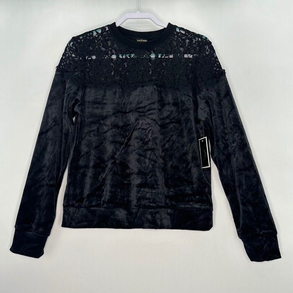 Juicy Couture Black Label Tops - Juicy Couture Black Label Lace Velour Pullover Sweatshirt‎ L Cozy Black Casual